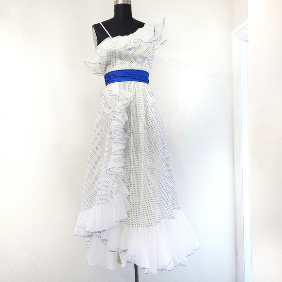 Vintage Dresses & Skirts - Vintage Bridgerton Maxamilist Swiss Dot Assymetric Ruffle Maxi Dress